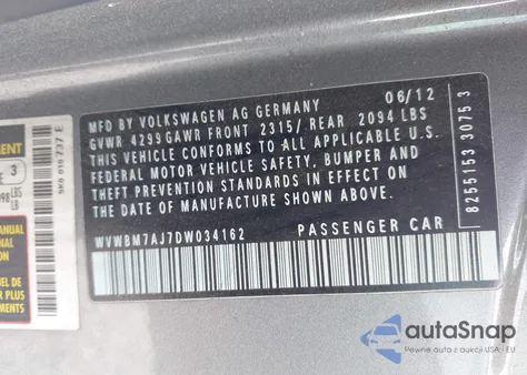 2013 Volkswagen Golf 2.0L Tdi 2-Door из США, поврежденный, VIN WVWBM7AJ7DW034162